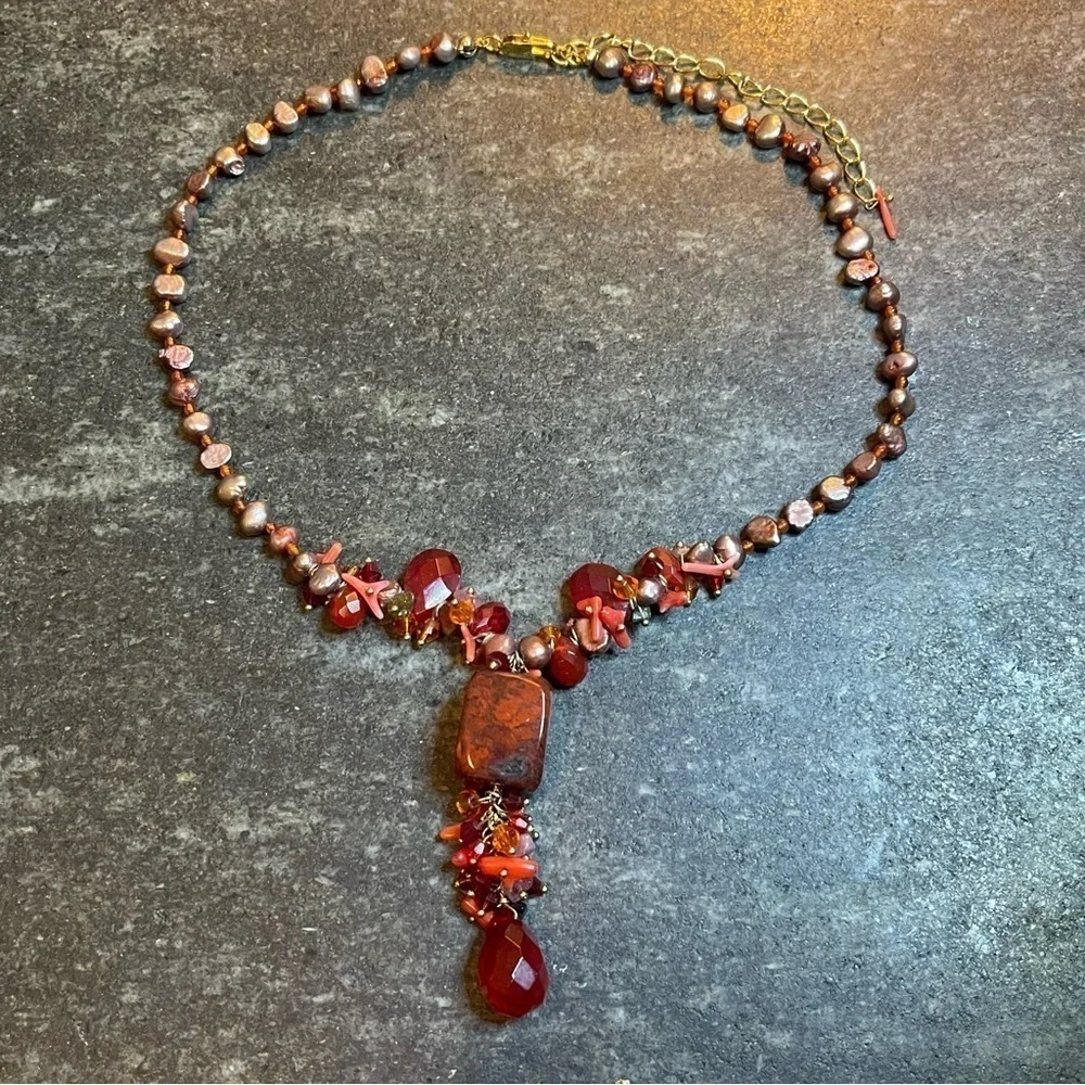 Handmade Red Agate, Coral, Freshwater Pearls, Amethyst &‎ Glass Beaded Necklace